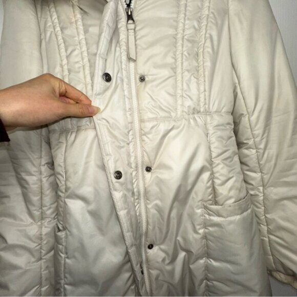 Mackage Cream Mid-length Down WOOL Leather Puffer jacket Coat with Fur Hood sz S - Picture 5 of 15